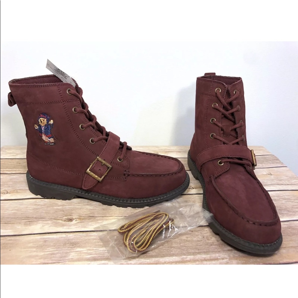 Polo Ralph Lauren Ranger Burgundy Suede Boots Bear - Picture 2 of 6